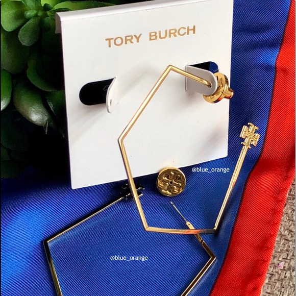 ✨NEW TORY BURCH✨LARGE GOLD HEX HOOP EARRINGS - Picture 4 of 5
